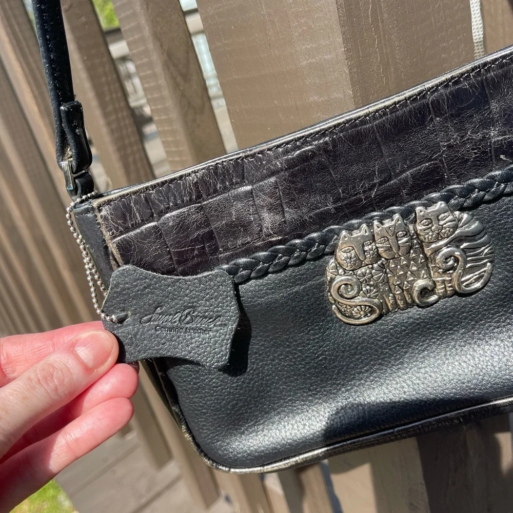 Laurel Burch Black Leather Messenger Bag with Cat Emblem